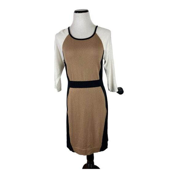 AGB Dresses & Skirts - AGB Womens Size M Color Block Sweater Dress 3/4 Sleeves Black Tan White MIDI